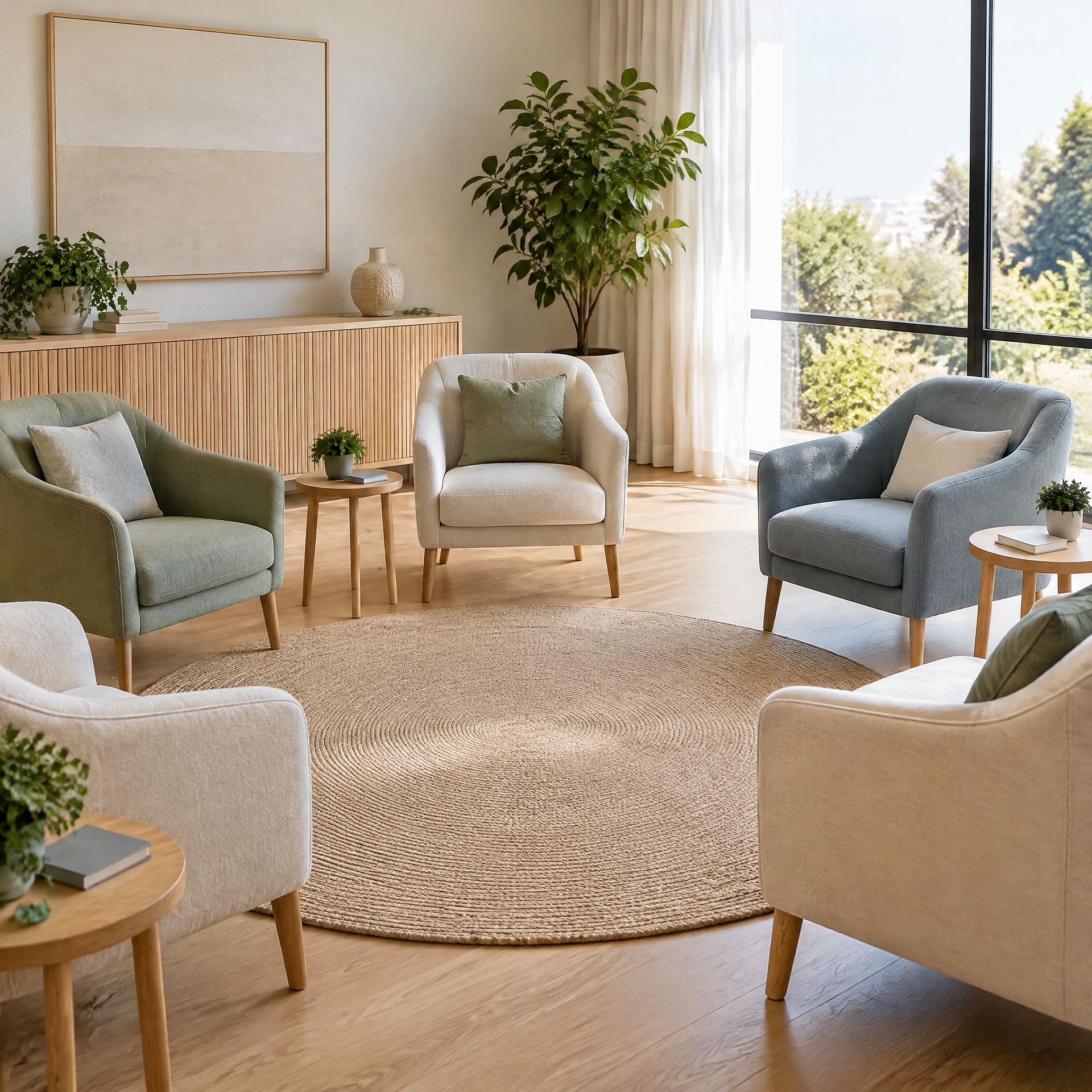 Sala preparada para encontros em grupo